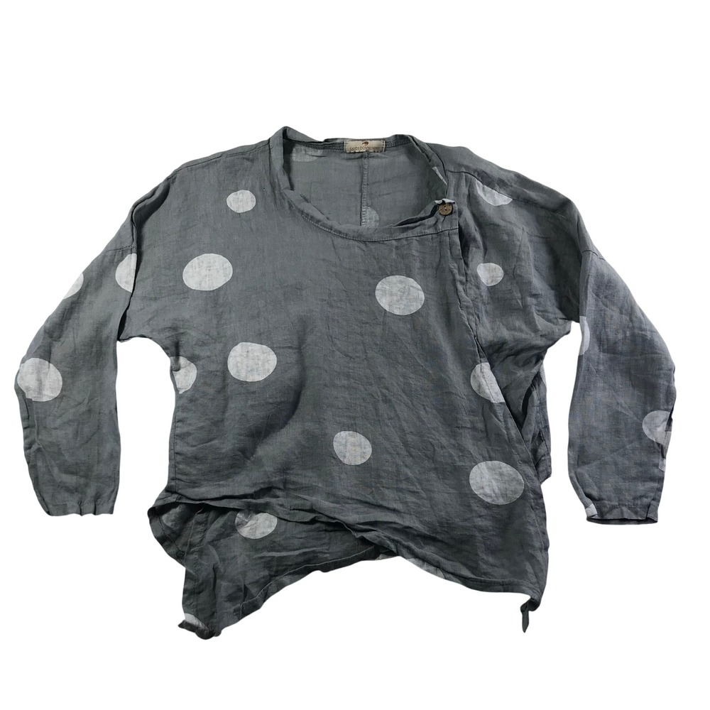 Lands Downunder Gray Polka Dot Linen Blouse Made in Italy Asymmetrical Top‎ M